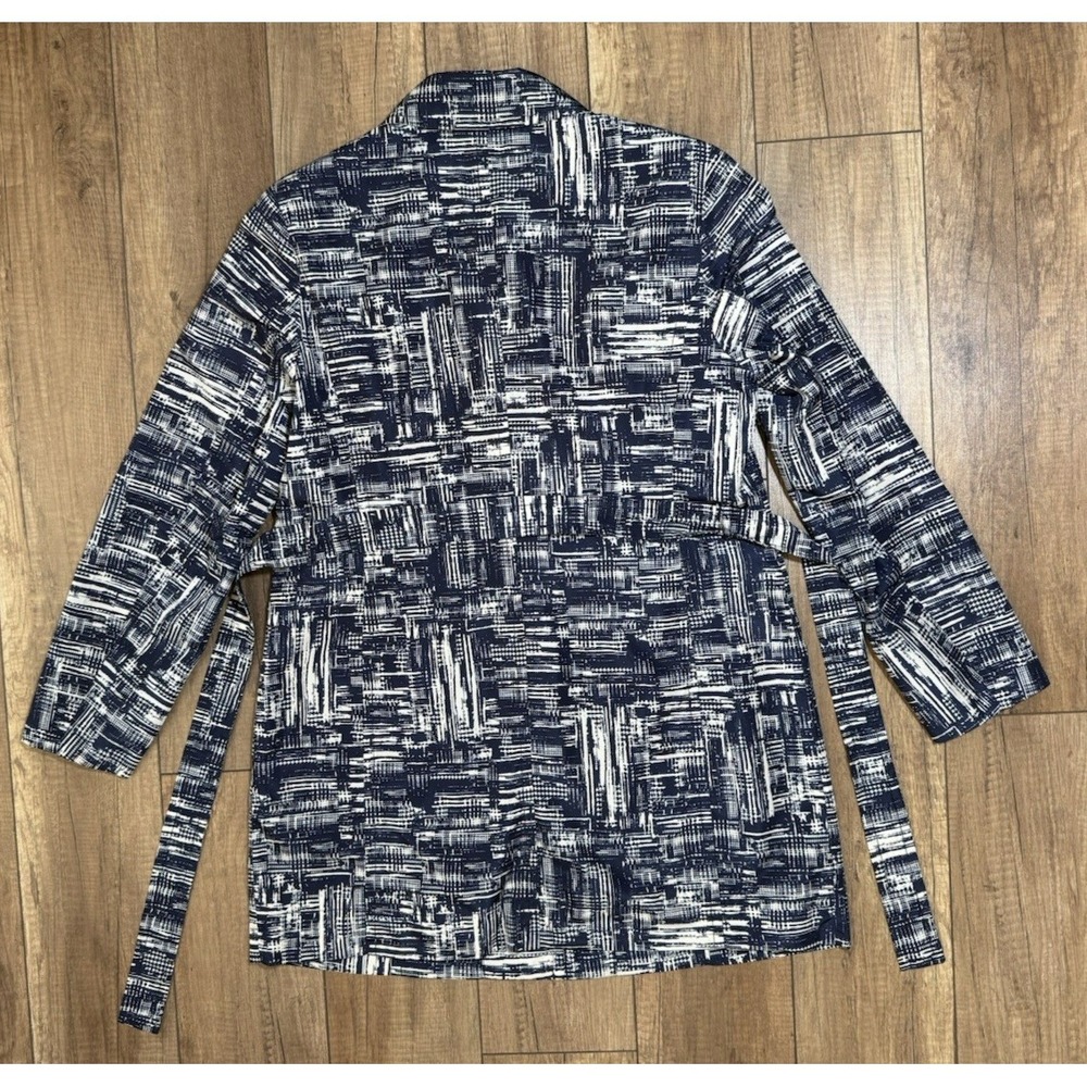 Coldwater Creek Trench Coat Blue/Cream Abstract Belted Mid Length Sz M (10-12) - Picture 14 of 16